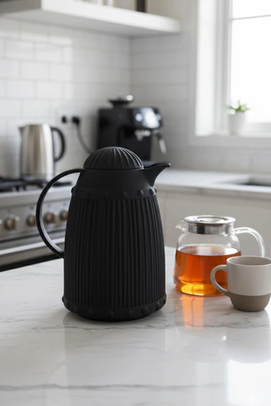 1 LT Isı Yalıtımlı Çay ve Soğuk Su Termosu Siyah (12 Saat Sıcak Tutar & İçi Camdır) - Resim 4