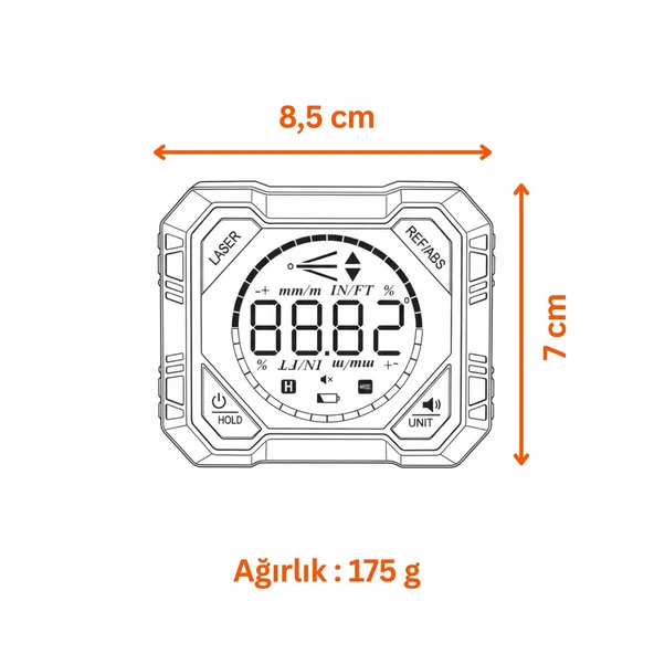 Dijital Manyetik Açı Ölçer Alüminyum Gövdeli Lazerli Type-C Şarj Girişli Yüksek Hassasiyetli - Resim 4