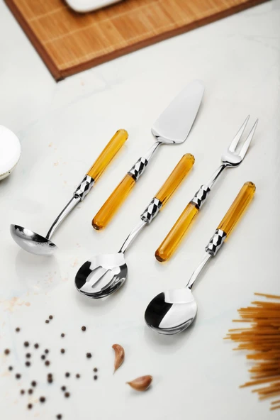5 Parça Platin Servis Seti & Servis Sunum Seti Amber ( Kepçe / Kevgir / Sıpatula / Çatal / Kaşık ) - Resim 2