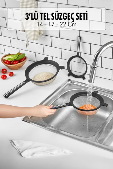 Tencereye Takılabilen 3'lü Tel Süzgeç Seti (14cm-17cm-22cm) - Resim 4