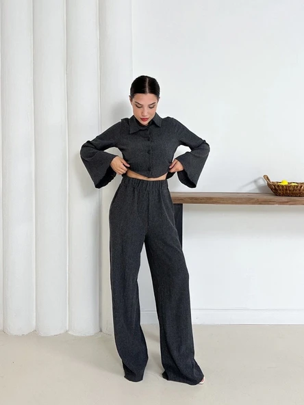 Gömlek yaka kaplama düğmeli takım antrasit st265866 - 2