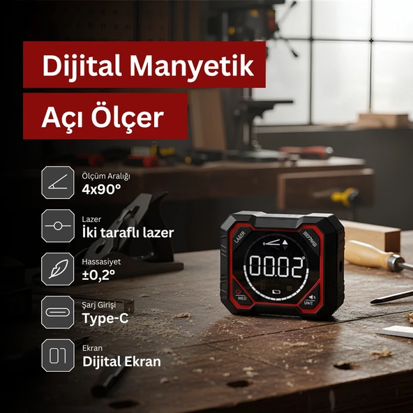 Dijital Manyetik Açı Ölçer Alüminyum Gövdeli Lazerli Type-C Şarj Girişli Yüksek Hassasiyetli - Resim 2