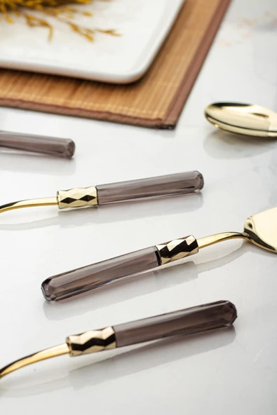 5 Parça Gold Servis Seti & Servis Sunum Seti Füme ( Kepçe / Kevgir / Sıpatula / Çatal / Kaşık ) - Resim 4