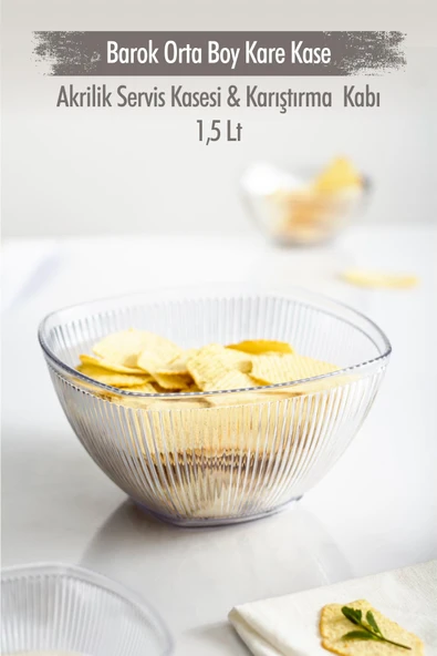 Akrilik Barok Şeffaf Orta Boy Kare Meyve & Salata Kasesi & Karıştırma Kabı / 1,5 Lt  (CAM DEĞİLDİR) - Resim 2