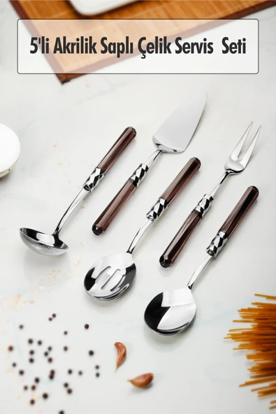 5 Parça Platin Servis Seti & Servis Sunum Seti Füme ( Kepçe / Kevgir / Sıpatula / Çatal / Kaşık ) ürün görseli