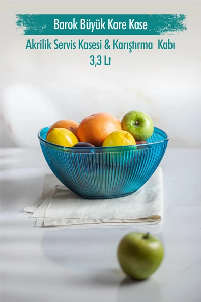 Akrilik Barok Aquamarin Büyük Kare Meyve & Salata Kasesi & Karıştırma Kabı / 3,3 Lt  (CAM DEĞİLDİR) - 2