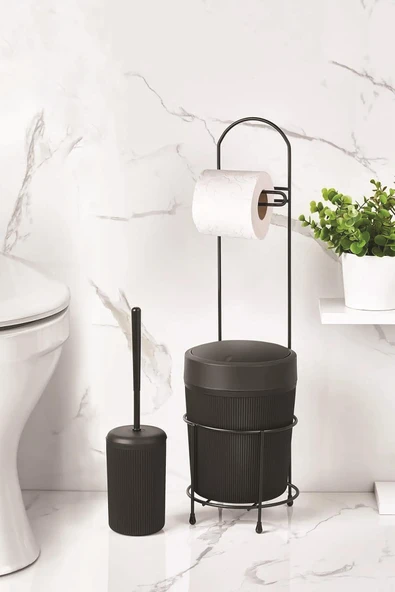 Metal Standlı Yuvarlak Kovalı & Kağıtlıklı & Fırçalıklı Siyah Banyo Takımı - Resim 2
