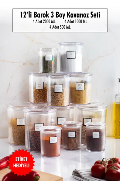 12'li Barok Yuvarlak 3 Boy Kavanoz Seti & Saklama Kabı & Erzak Kabı (4*2000 ML, 4*1000 ML, 4*500 ML) ürün görseli 1
