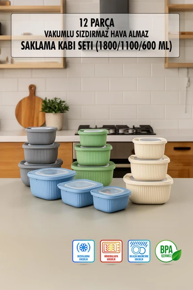 Kare 12 Parça Vakumlu Sızdırmaz Hava Almaz Saklama Kabı Seti Karışık 4x(1800/1100/600 Ml) ürün görseli 1
