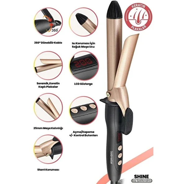 Goldmaster Shine Dijital Göstergeli Seramik Plakalı 25 mm Saç Şekillendirici Maşa Gold IN6136 ürün görseli