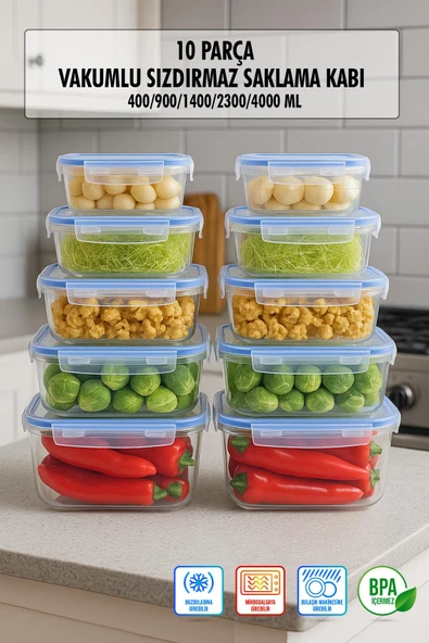 Dikdörtgen 10 Parça Contalı Vakumlu Sızdırmaz Hava Almaz Saklama Kabı Seti 2x(4000/2300/1400/900/400 Ml) ürün görseli 1