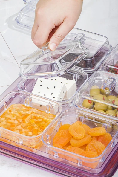 Akrilik Mürdüm 6 lı Kapaklı Kahvaltılık Kahvaltı Seti & Saklama Kabı (Cam Değildir) - Resim 4