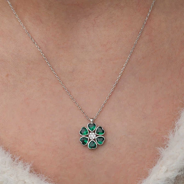 Gümüş Yeşil Kalpli Çiçek Kadın Kolye - Resim 5