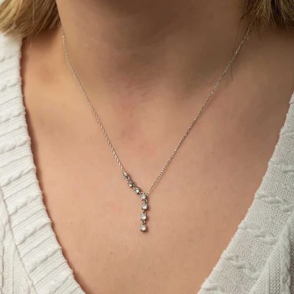 Gümüş Zirkon Sıra Taşlı Kadın Kolye - Resim 5