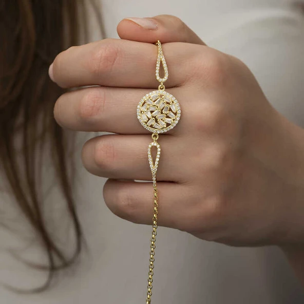 925 Ayar Gümüş Gold Baget Taşlı Bileklik - Resim 5