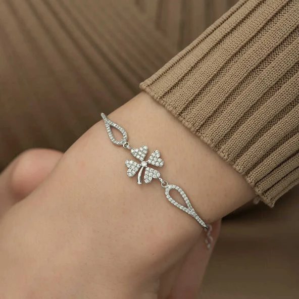 925 Ayar Gümüş Yonca Bileklik - Resim 3