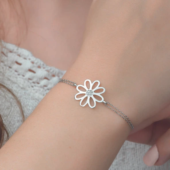 Gümüş Çiçek Bileklik - Resim 2