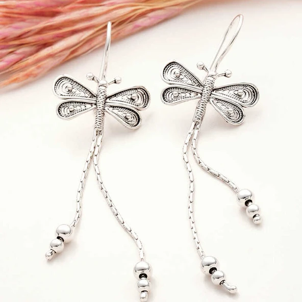 925 Ayar Gümüş Telkari Sallantılı Yusufçuk Kadın Küpe - Resim 3