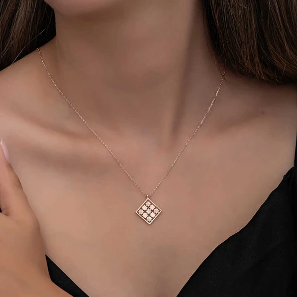 Gümüş Rose Dörtgen Zirkon Taşlı Kadın Kolye - Resim 3