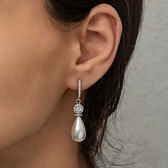 925 Ayar Gümüş Damla İnci Kadın Küpe - Resim 5