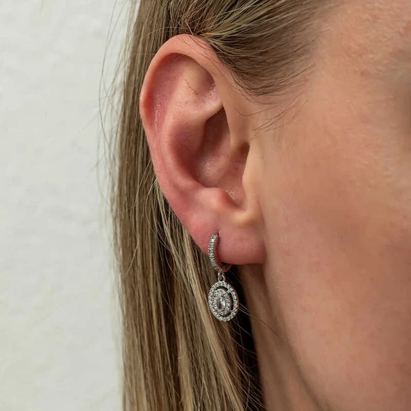 Gümüş Oval Taşlı Sallantılı Küpe - Resim 3