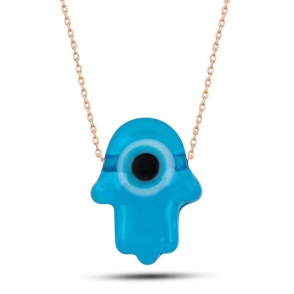 Gümüş Rose Mavi Nazarlı Cam Fatma Ana Eli Kadın Kolye ürün görseli 1