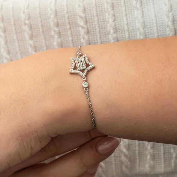 Gümüş Baget Taşlı Yıldız Kadın Bileklik - Resim 4