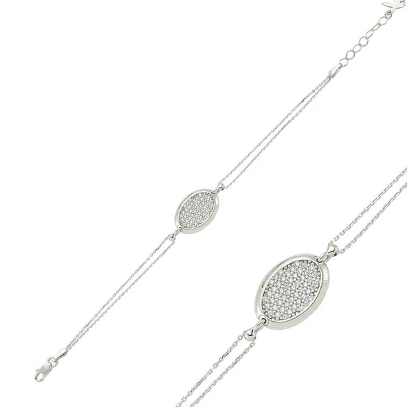 925 Ayar Gümüş Oval Beyaz Taşlı Bileklik ürün görseli 1