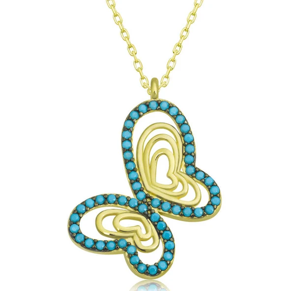 Gümüş Gold Turkuaz Taşlı Kelebek Kadın Kolye - Resim 2