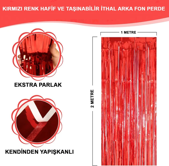 Kırmızı Renk Ekstra Metalize Parlak Saçaklı Arka Fon Perde İthal A Kalite 1x2 Metre ürün görseli 1