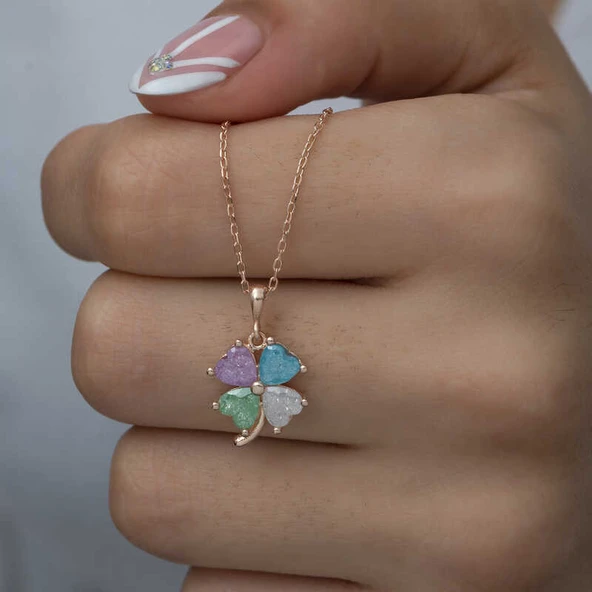 925 Ayar Gümüş Rose Renkli Taşlı Yonca Kadın Gümüş Kolye - Resim 2