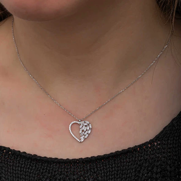 925 Ayar Gümüş Baget Taşlı Kalp Kadın Kolye - Resim 5