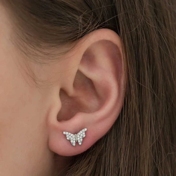 Gümüş Beyaz Kelebek Küpe - Resim 2