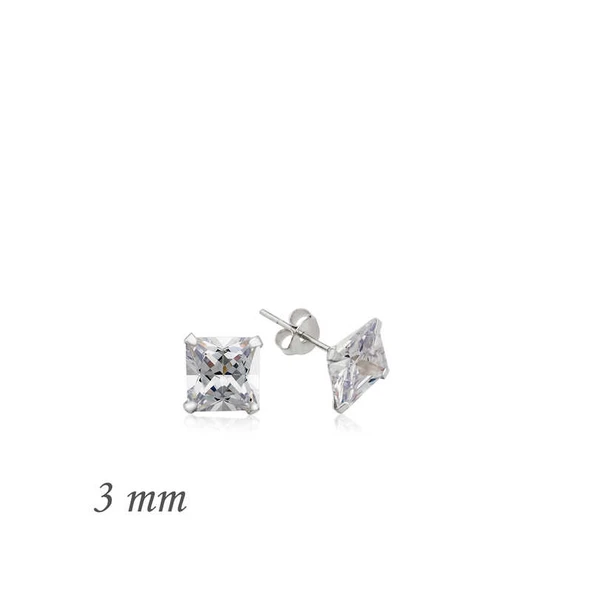 Gümüş Kare Tek Taş Zirkon Küpe - 3 mm - Resim 2