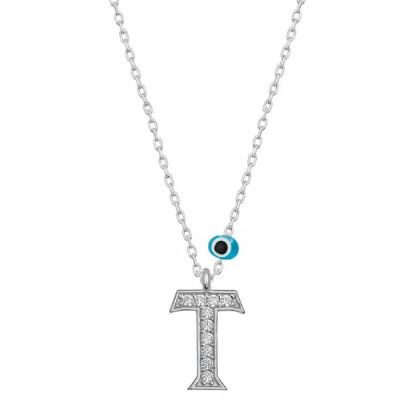 925 Ayar Gümüş Nazar Rodyum T Harfi Kadın Gümüş Kolye ürün görseli 1