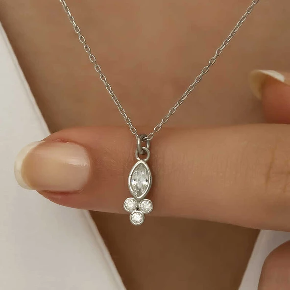 925 Ayar Gümüş Çiğ Damlası Mekik Tektaş Bayan Gümüş Kolye - Resim 2