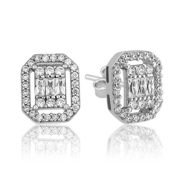 Gümüş Beyaz Baget Taşlı Çivili Kadın Küpe ürün görseli 1