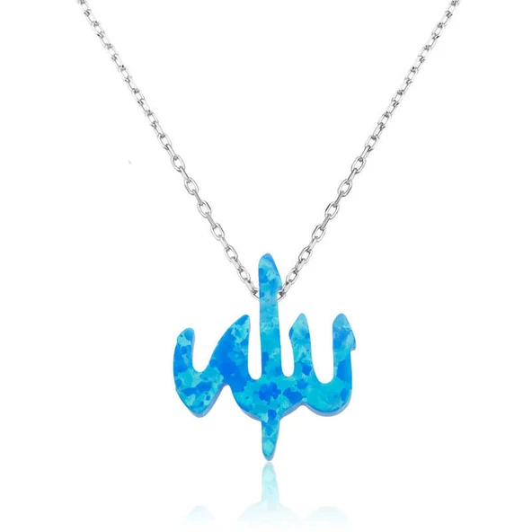 925 Ayar Gümüş Mavi Opal Taşlı Allah Yazılı Kadın Gümüş Kolye ürün görseli 1