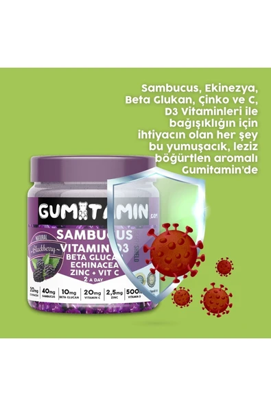 Gumitamin Sambucus Multivitamin Karamürver, Vitamin C+d3, Çinko, Beta Glukan Doğal Böğürtlen Aromalı - Resim 2