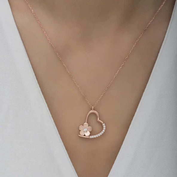 925 Ayar Gümüş Çiçekli Kalp Kadın Gümüş Kolye - Resim 5