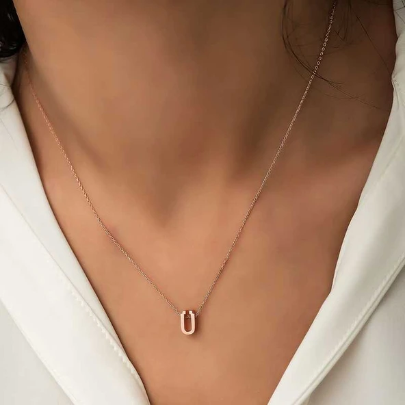 925 Ayar Gümüş Rose 3 Boyutlu Ü Harf Kadın Gümüş Kolye ürün görseli 1