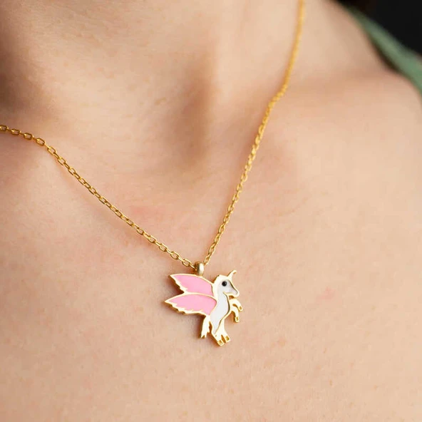 925 Ayar  Gümüş Gold Kanatlı At Kadın Kolye ürün görseli 1