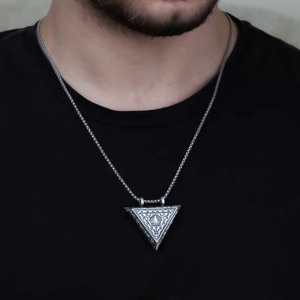 925 Ayar Gümüş Üçgen İçi Açılabilen Tuğra Muskalık Gümüş Kolye - Resim 2