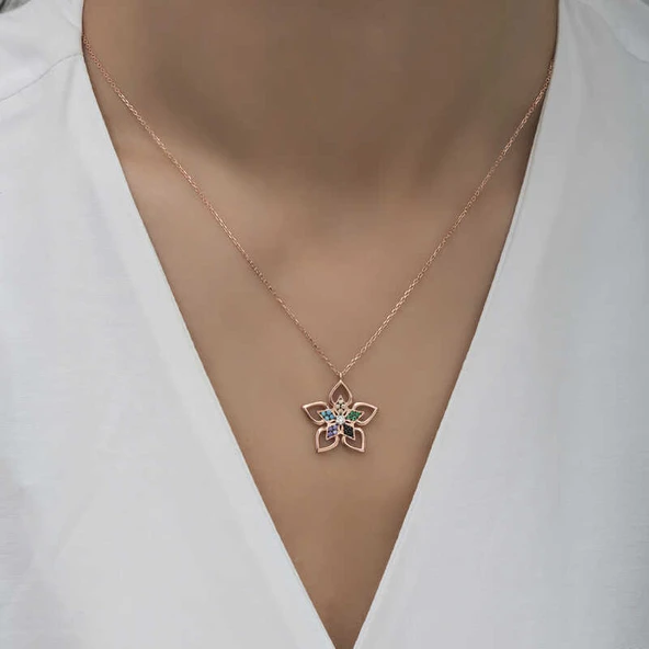 925 Ayar Gümüş Renkli Taşlı Çiçek Kadın Gümüş Kolye - Resim 2