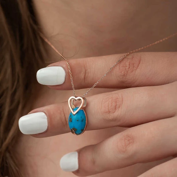 925 Ayar Gümüş Turkuaz Taşlı Kalp Kadın Gümüş Kolye - Resim 3