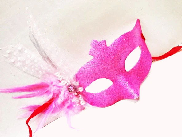 Parti Aksesuar Sim İşlemeli İnci Boncuk Detaylı Tüylü Balo Maskesi Pembe Renk 13x18 cm ürün görseli 1