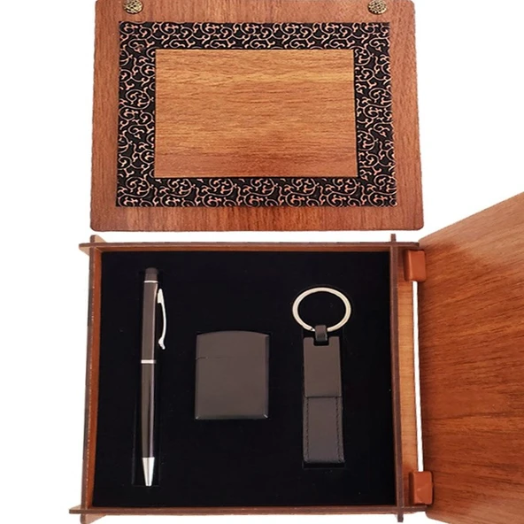 Ahşap Kutulu Siyah Kalem Anahtarlık Ve Mat Çakmak Seti ürün görseli 1
