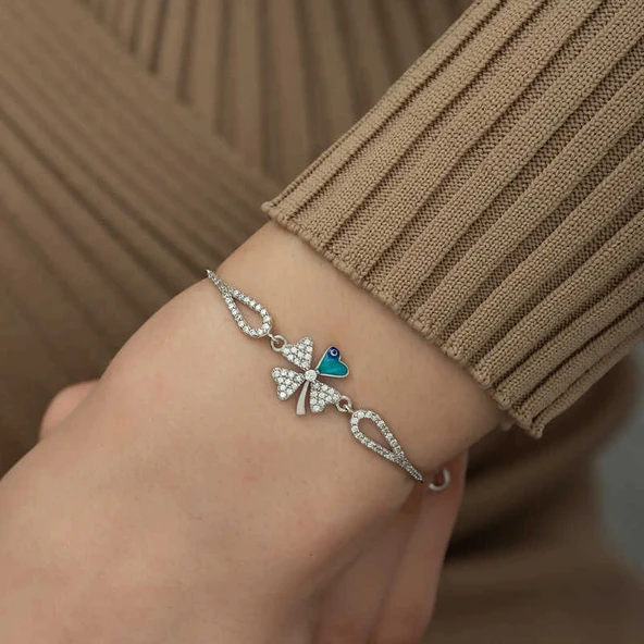 925 Ayar Gümüş Nazarlı Yonca Bileklik - Resim 3