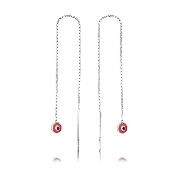 925 Ayar Gümüş Zincirli Pembe Nazar Küpe - Resim 2