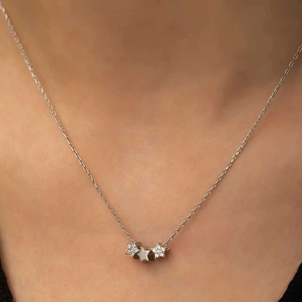 925 Ayar Gümüş Üç Yıldız Kadın Gümüş Kolye - Resim 3
